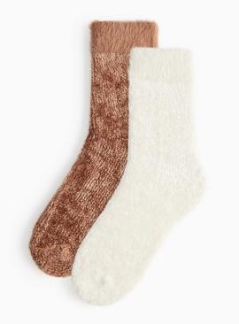 Brown And Cream Chenille Cosy Socks 2 Pack 4-8