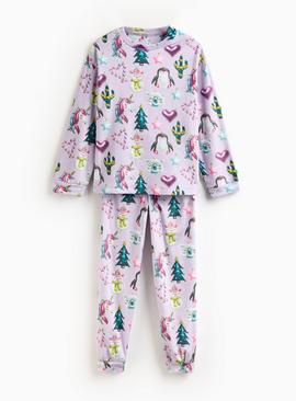 Lilac Christmas Unicorn Printed Slinky Fleece Pyjamas