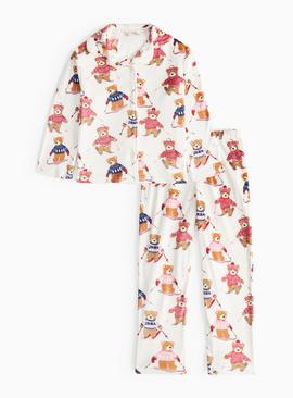 Mini Me Kids' Christmas Cream Ski Teddy Print Pyjamas
