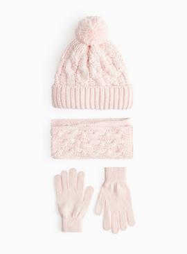 Dusky Pink Cable Knit 3 Piece Hat & Gloves Set