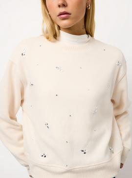 Cream Embellished Relaxed Crew Neck Sweatshirt