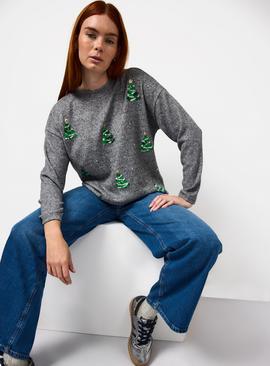 Grey Christmas Tree Sequin Embellished Jumper