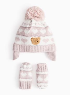 Pink Bear Fairisle Knitted Trapper Hat & Mittens Set