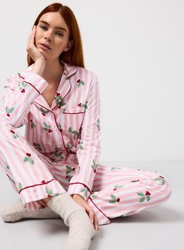 Pink Striped Holly Printed Jersey Pyjamas