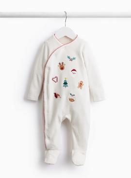 Unisex Christmas Velour Embroidered Sleepsuit