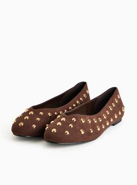 Brown Faux Leather Studded Ballet Flats