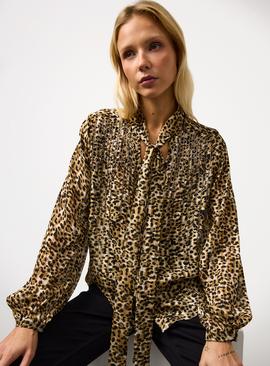 Leopard Printed Embellished Tie Neck Blouse
