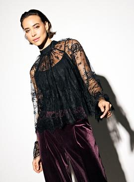 Black Lace Flute Sleeve High Neck Blouse
