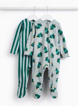 Christmas Stripe & Tree Print Micro Fleece Sleepsuits 2 Pack 9-12 months