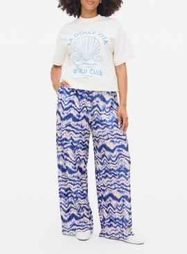 Blue Printed Plisse Ultra Wide Leg Trousers