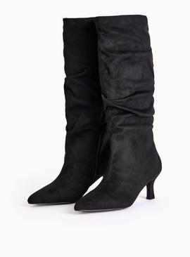 Uno Fit Black Wide Fit Faux Suede Long Leg Ruched Boots