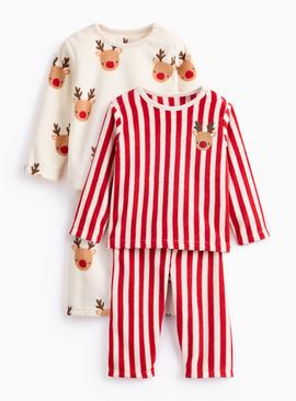 Unisex Reindeer Stripe Fleece Pyjamas 2 Pack