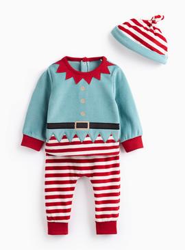 Novelty Christmas Elf Velour Pyjamas & Hat Set 9-12 months