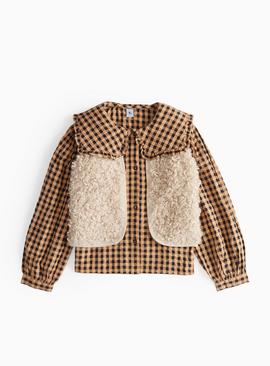 Gingham Check Collar Shirt & Beige Fleece Gilet Set