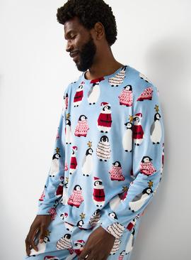 Matching Family Men's Christmas Blue Penguin Print Slinky Fleece Pyjamas