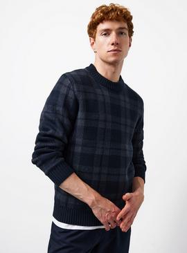 Blue Checked Crew Neck Jumper