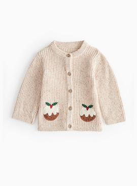 Cream Christmas Pudding Applique Knitted Cardigan