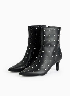 Black Faux Leather Studded Heeled Boots