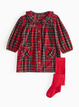 Red Tartan Check Smock Dress & Tights Set