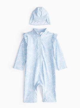 Blue Seashell Printed Sunsafe Swimsuit & Keppi Hat