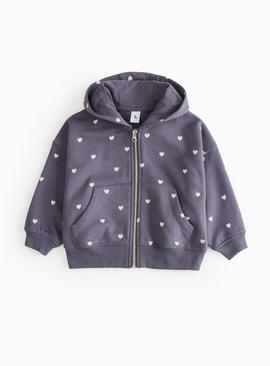 Black With Heart Print Zip Through Hoodie