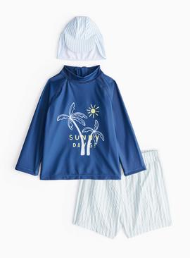 Blue Striped Sunny Days Slogan Swim Set