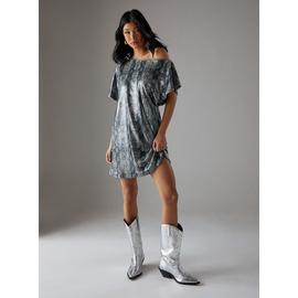 WAREHOUSE Snake Sequin Fallen Shoulder Slouchy Mini Dress