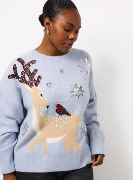 Blue Sequin Reindeer Robin Jumper