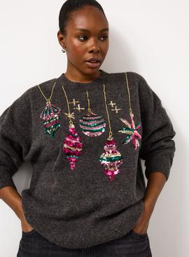 Charcoal Christmas Bauble Sequin Embellished Jumper