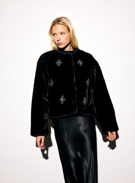 Black Embellished Collarless Faux Fur Jacket