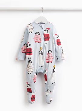 Matching Family Blue Penguin Slinky Fleece Sleepsuit 9-12 months