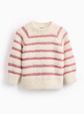 White & Pink Fluffy Stripe Jumper