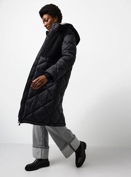 Black Mixed Fabric Longline Padded Coat