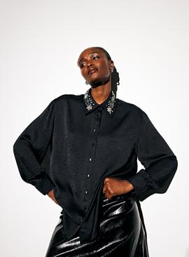 Embellished Collar Relaxed Satin Shirt