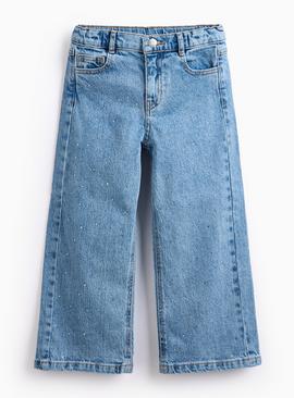 Mid Blue Denim Diamante Wide Leg Jeans
