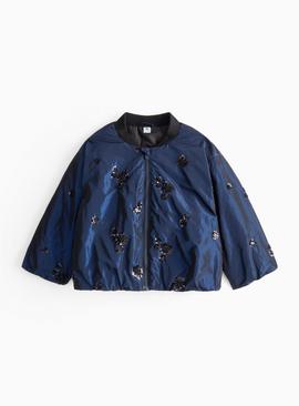 Navy Sequin Embellished Bomber Jacket