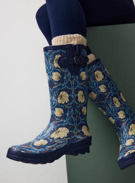 Tu x Morris & Co. Navy Pimpernel Print Long Leg Wellies