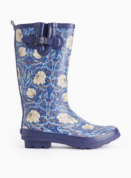 Tu x Morris & Co. Navy Pimpernel Print Long Leg Wellies