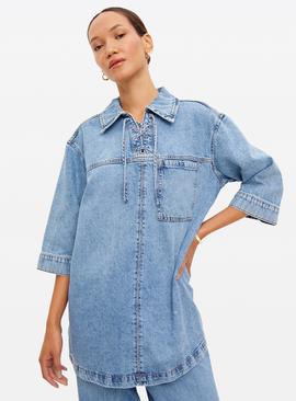 Mid Wash Tie Detail Co-ord Denim Tunic Shirt