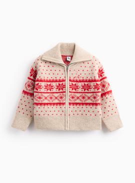 Cream Fairisle Red Zip Knitted Cardigan