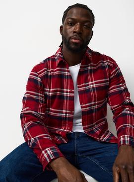 Dark Red Check Brushed Cotton Long Sleeve Shirt