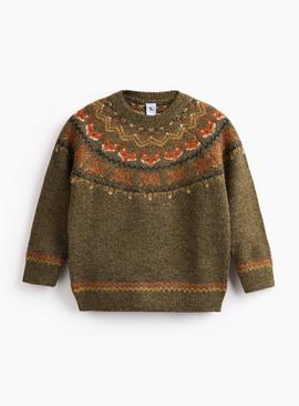Khaki Fairisle Fox Design Knitted Jumper