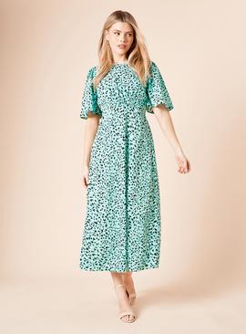 DOROTHY PERKINS Green Animal Flutter Sleeve Shirred Waist Midi Dress