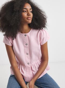 SIMPLY BE Pink Denim Stripe Tie Back Peplum Top