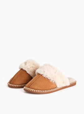 Tan Stitch Faux Fur Detail Mule Slippers