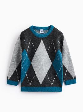 Grey Argyle Knitted Jumper