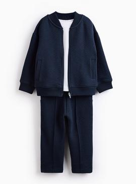 Navy Textured Bomber Jacket 3-Piece Set