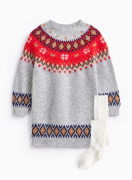 Grey Fairisle Red Knitted Dress With Tights Set