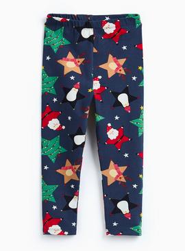 Navy Christmas Characters Printed Leggings