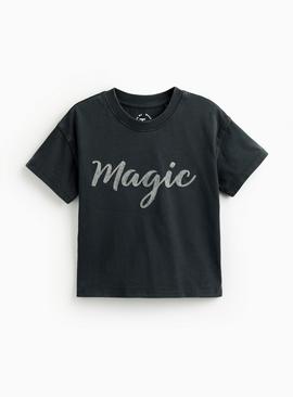 Black Washed Sparkle Magic Slogan T-Shirt